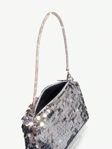 SHEIN SXY 1個女士閃爍鑽石裝飾拉鍊關閉肩袋斜背袋,帶手腕帶