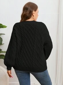 SHEIN Essnce Plus Cable Knit Drop Shoulder Sweater - Black - View 2