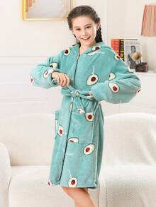Tween Girl Avocado Print 3D Ear Design Hooded Belted Flannel Sleep Robe