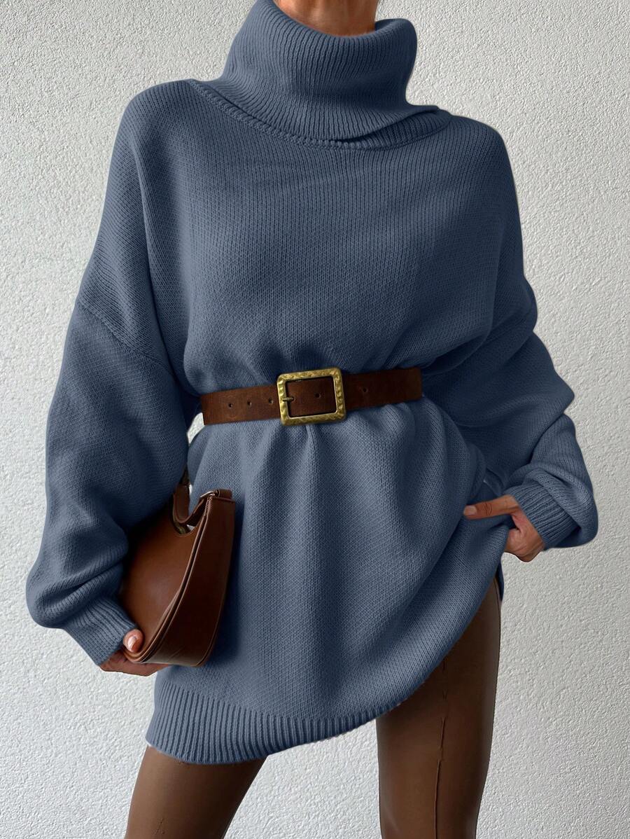 EURMUSE 高領落肩毛衣(不含腰帶) - 淺藍色 - 查看 1