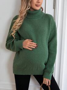 SHEIN Thai sản Áo cao cổ Thả vai Áo len - màu xanh lá - Xem 2