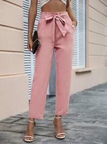 SHEIN Privé Paperbag Waist Belted Straight Leg Pants - Dusty Pink - View 3