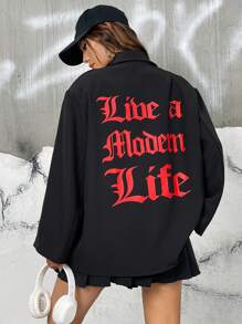 SHEIN EZwear Slogan Graphic Lapel Neck Drop Shoulder Blazer - Black - View 4