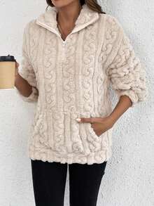 SHEIN Frenchy Zip Up Drop Shoulder Fleece Sweatshirt - Apricot - View 6