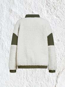 SHEIN EZwear 撞色落肩袖拼接邊毛絨夾克 - 彩色 - 查看 2