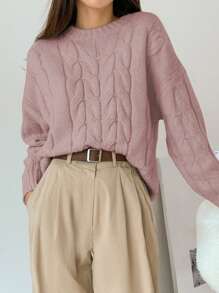 Dazy Star Cable Knit Drop Shoulder Sweater - Dusty Pink - View 4