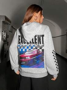 SHEIN EZwear Capucha con estampado de coche y letra de hombros caídos