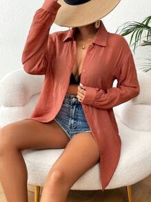 SHEIN Swim Summer Beach Solid Button Front Drop Shoulder Kimono - Rust Brown - View 6