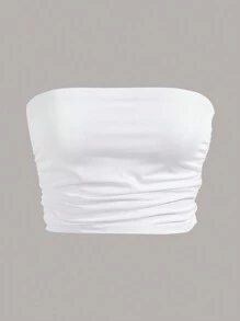 SHEIN Essnce 素色抽褶細節短款抹胸上衣 - 白色 - 查看 4