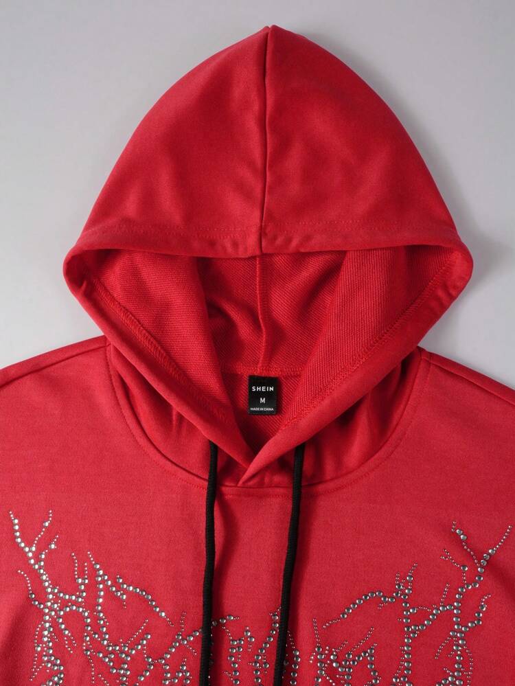 Men's Loose Fit Hoodie With Rhinestone Embellishment, Kangaroo Pocket & Drawstring