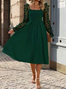 SHEIN LUNE Lưới tương phản Đèn treo tường tay áo lá sen Đầm - Màu xanh lá cây đậm - Xem 1