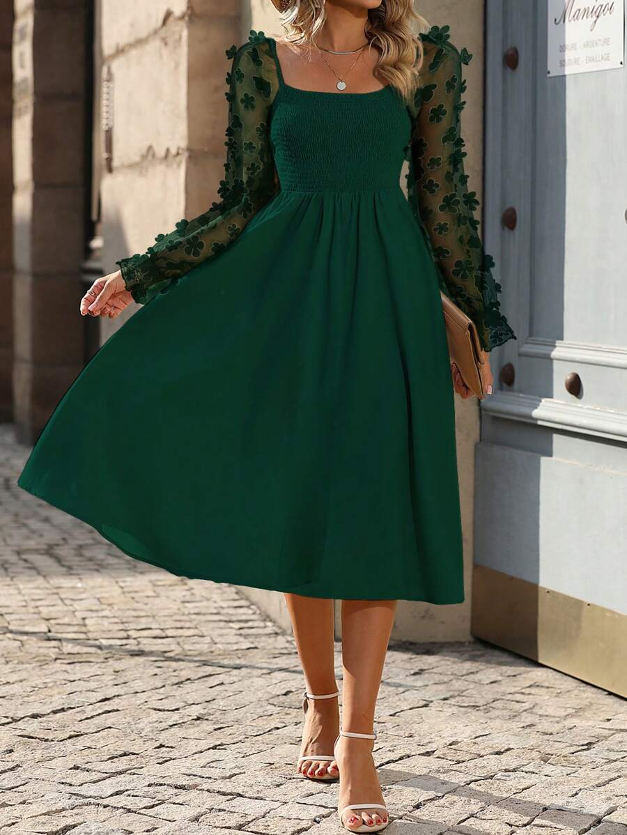 SHEIN LUNE Lưới tương phản Đèn treo tường tay áo lá sen Đầm - Màu xanh lá cây đậm - Xem 1