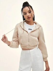 SHEIN EZwear 纯色抽绳拉链短款保暖连帽衫，适合毕业季、教师节、返校季等场合。 - 杏色 - 查看 5