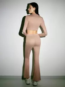 SHEIN EZwear Ribbed Knit Crop Top & Flare Leg Trousers - Khaki - View 2