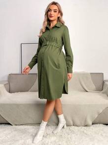 SHEIN 孕婦素色腰帶襯衫洋裝 - 軍綠色 - 查看 3