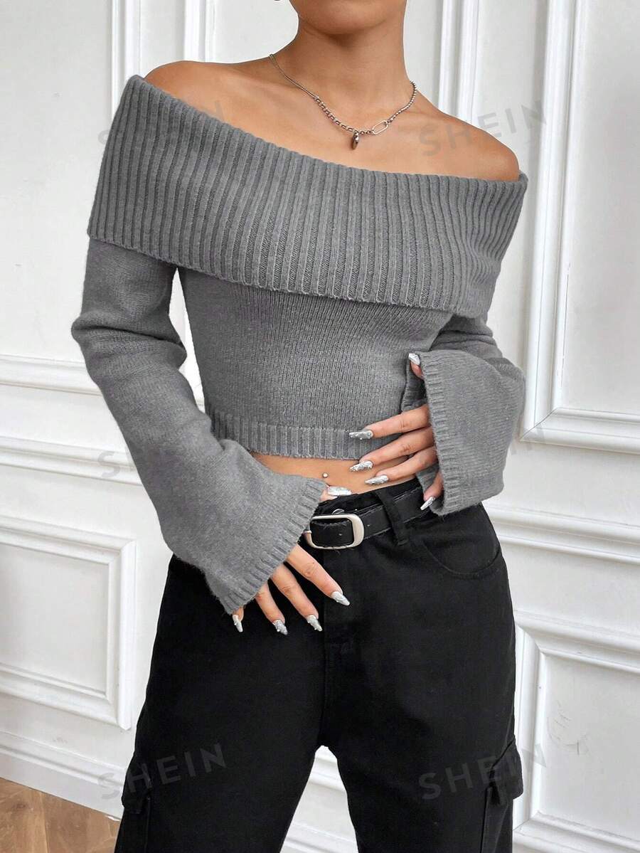 Flirla Suéter corto con hombro descubierto y mangas con volantes, Blusas de manga larga - Gris - Ver 1