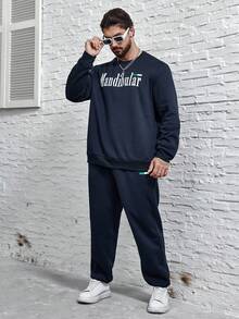 Manfinity Homme Men Plus Letter Graphic Sweatshirt & Sweatpants - Navy Blue - View 3