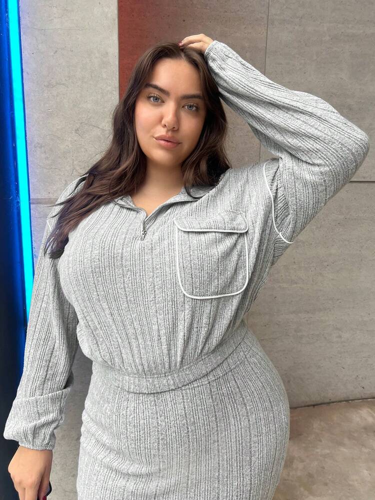 Plus Size Half-Zip Drop Shoulder Sweatshirt And Skirt Set