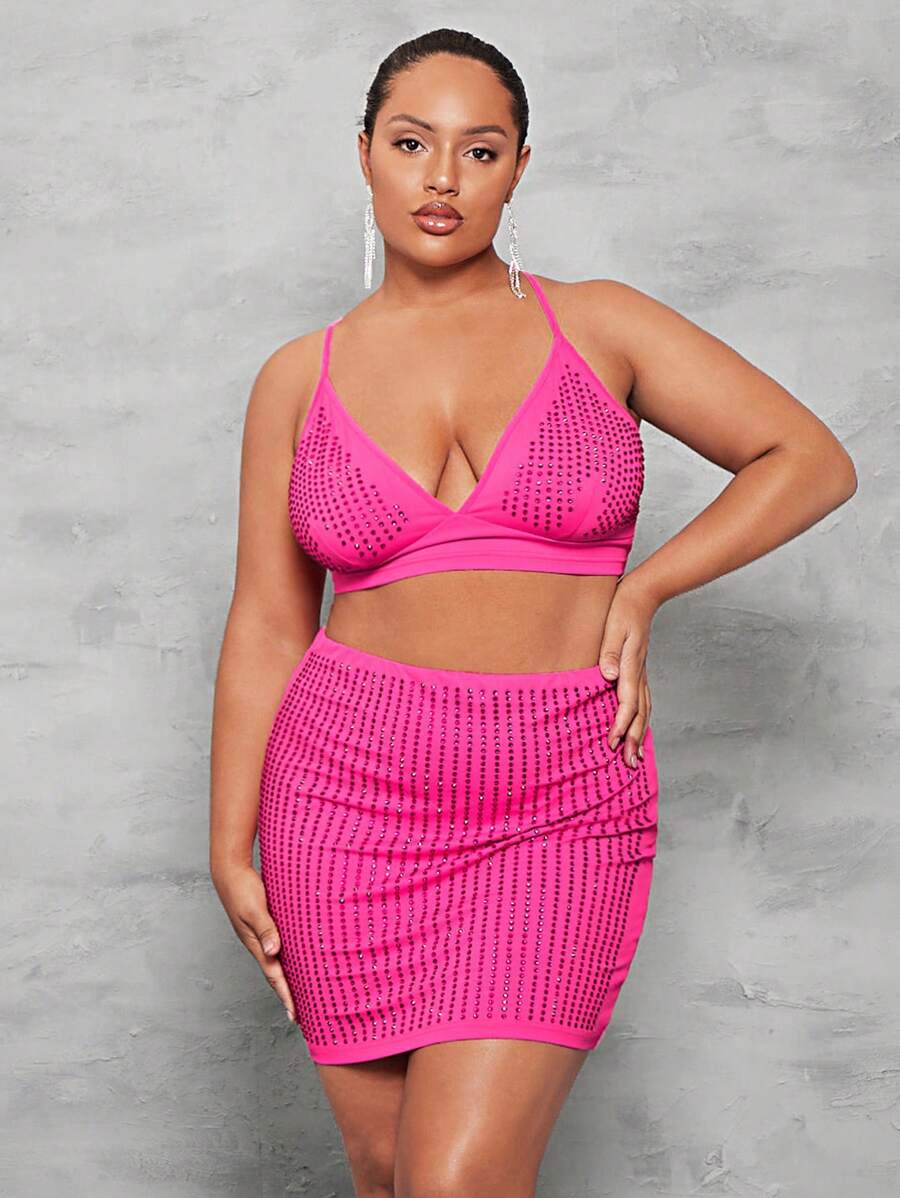 SHEIN BAE Plus Rhinestone Detail Cami Top & Bodycon Skirt - Hot Pink - View 1