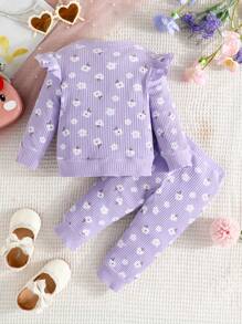 Baby Girl Floral Print Ruffle Trim Sweatshirt & Sweatpants - Mauve Purple - View 2