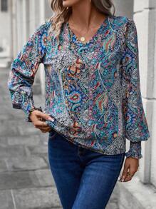 SHEIN LUNE Paisley Print Lantern Sleeve Blouse - Multicolor - View 3