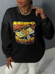 Slaydiva Plus Lock & Letter Graphic Drop Shoulder Sweatshirt - Black - View 4