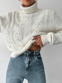 EURMUSE Turtleneck Cable Knit Sweater - trắng - Xem 5