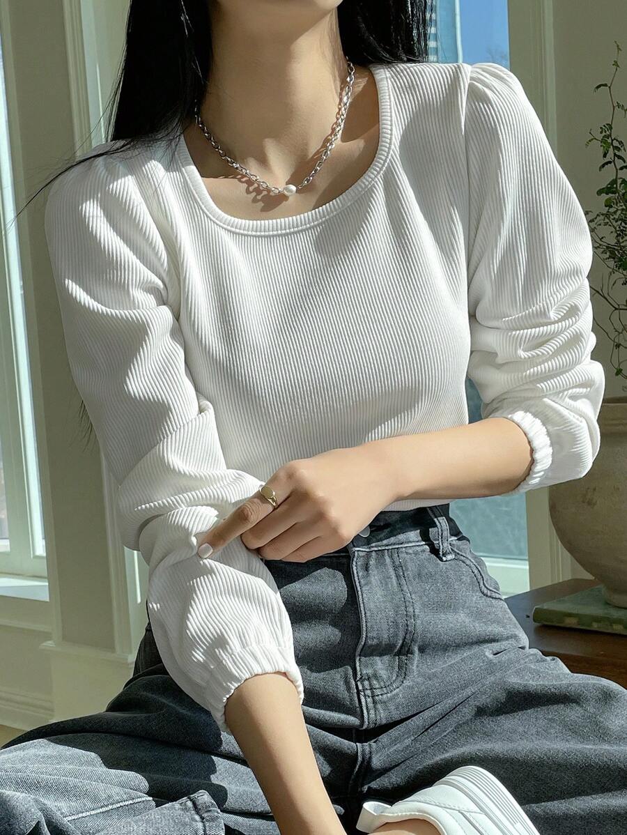 Dazy Star Solid Puff Sleeve Ribbed Knit Tee,Fall Clothes Long Sleeve Women Tops - White - View 1