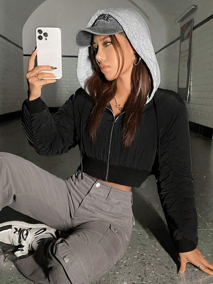 Zip Up Drawstring Hooded Ruched Sleeve Crop Padded Coat