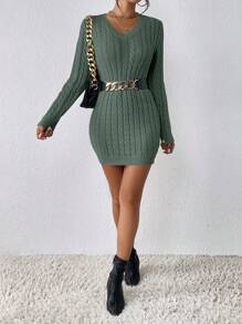 SHEIN Frenchy Solid Color Cable Knitted Woolen Sweater Dress Without Belt - Green - View 4