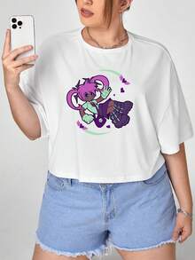 Cb illustration 大碼卡通圖案落肩袖短款T恤 - 白色 - 查看 1