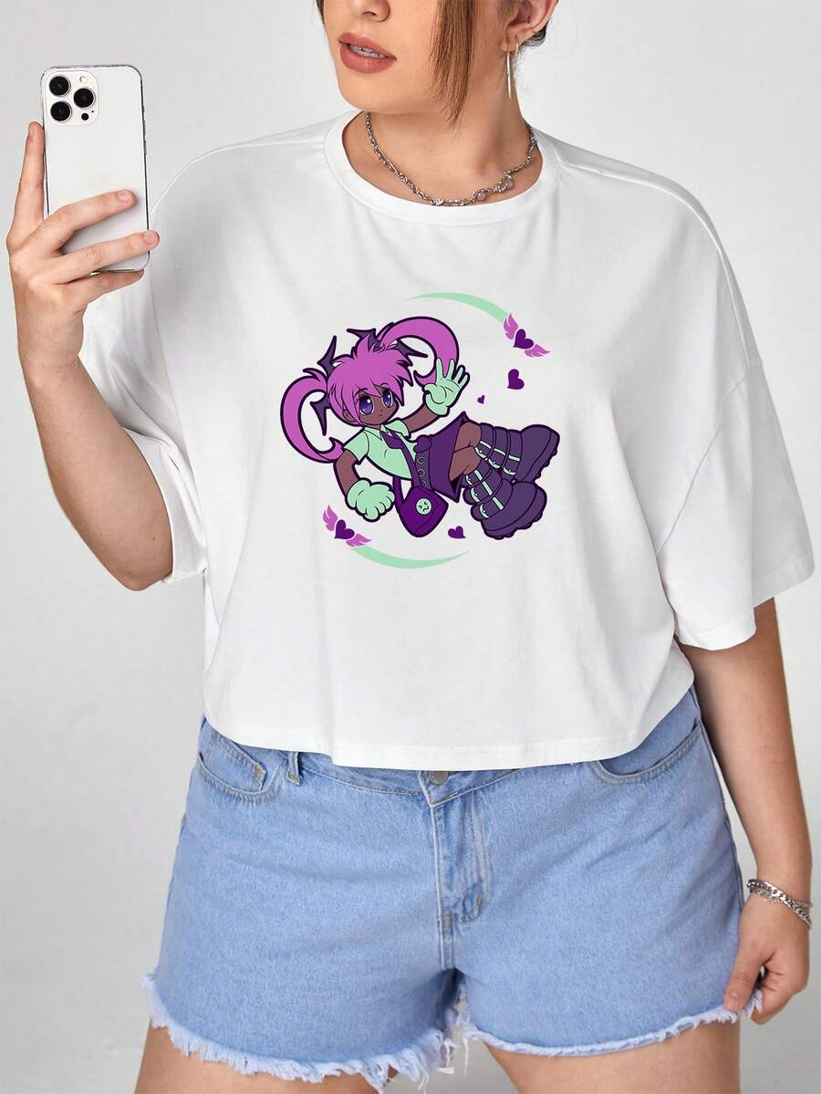 Cb illustration 大碼卡通圖案落肩袖短款T恤 - 白色 - 查看 1