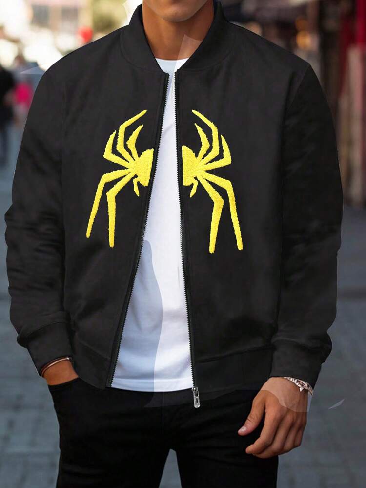 Men Spider Flocking Zip Up Bomber Jacket