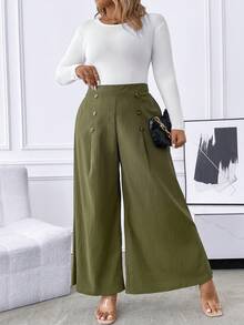 SHEIN LUNE Plus High Waist Plicated Detail Wide Leg Pants - Green - View 6