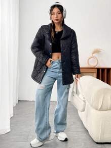 SHEIN Unity Shawl Collar Slant Pocket Quilted Padded Coat Clothes Winter - Black - View 3