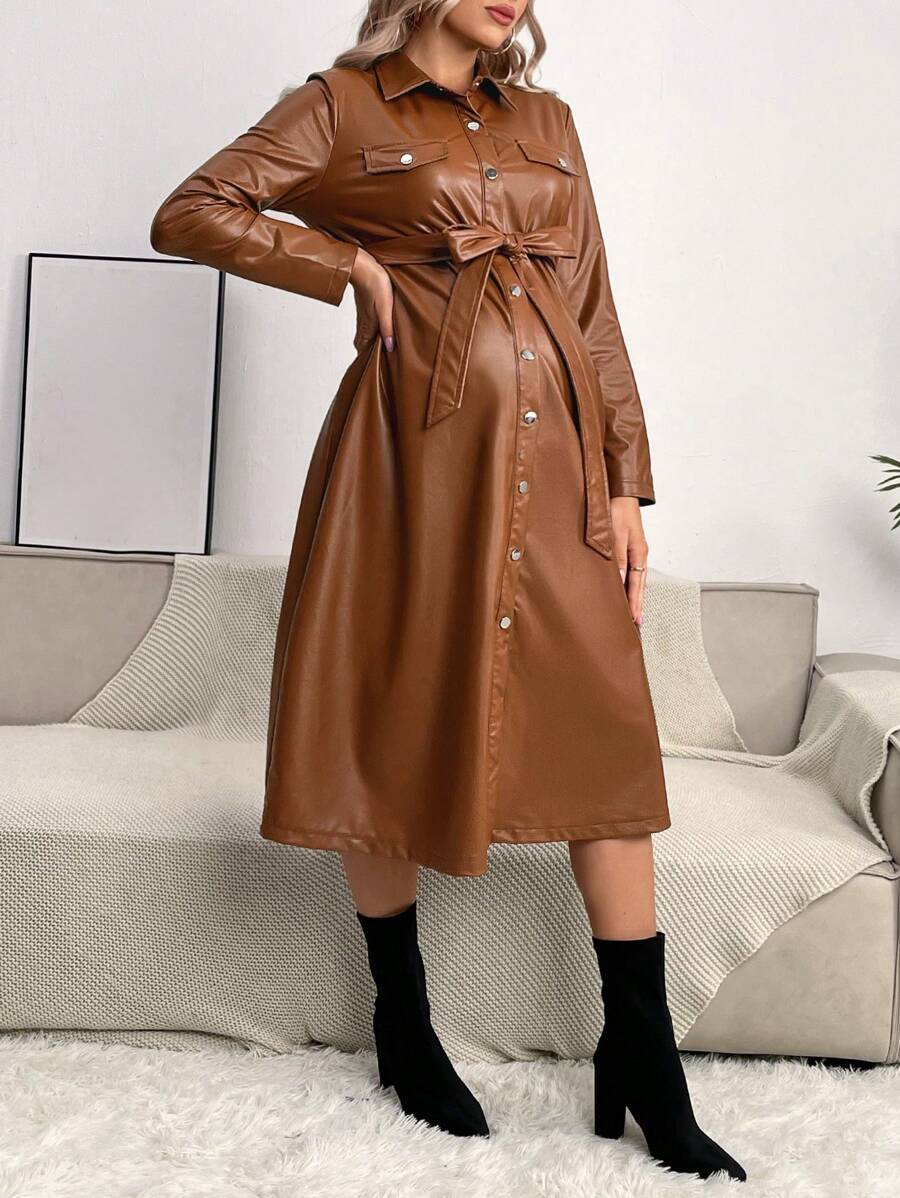 SHEIN 孕妇翻领细节系带 PU 皮革衬衫连衣裙，适合冬季