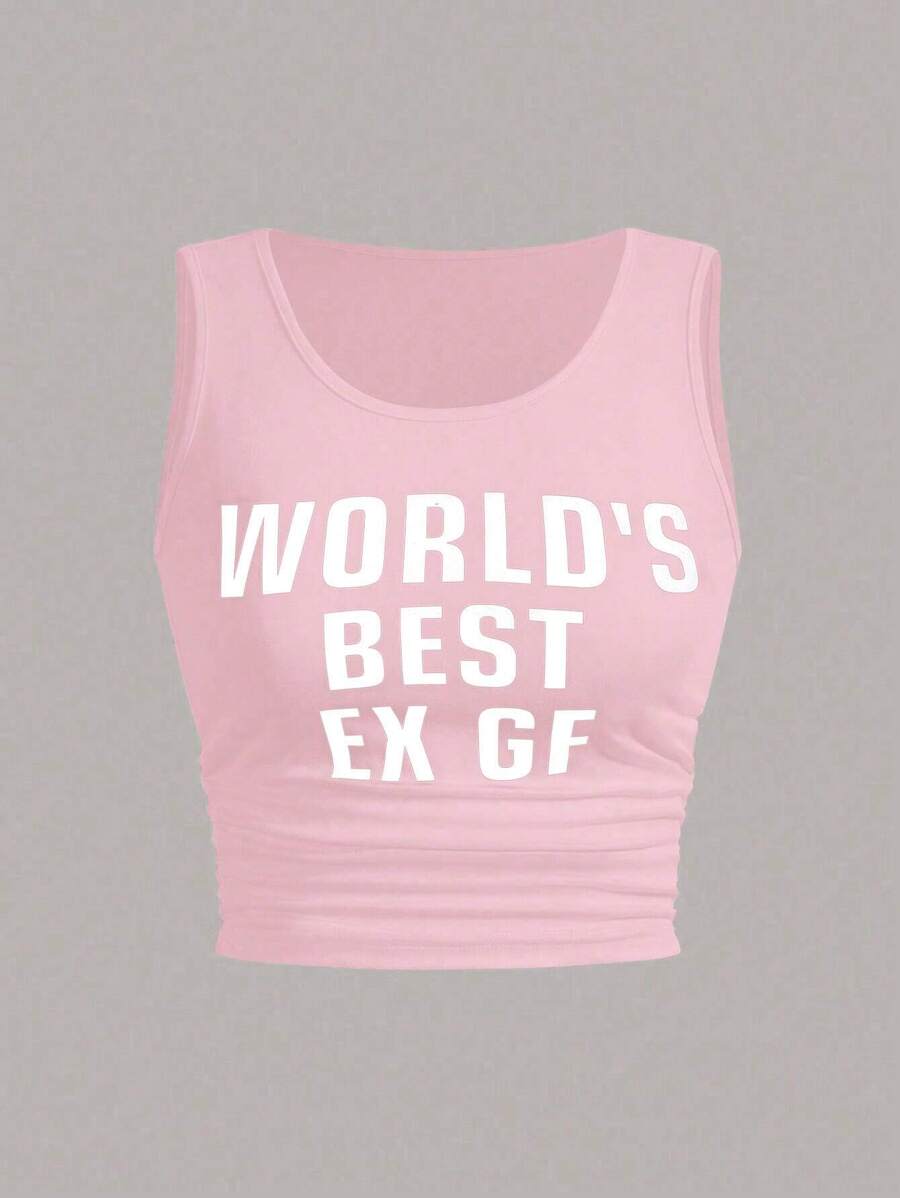 SHEIN Unity 標語圖案背心上衣 - 粉色 - 查看 1