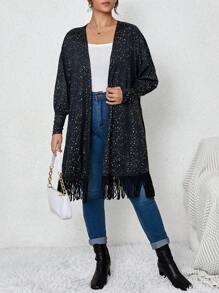 SHEIN Franclia 大碼斑點印花流蘇下擺開門襟外套 - 黑色 - 查看 5