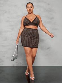 SHEIN BAE Plus Rhinestone Crop Cami Top & Bodycon Skirt - Coffee Brown - View 4
