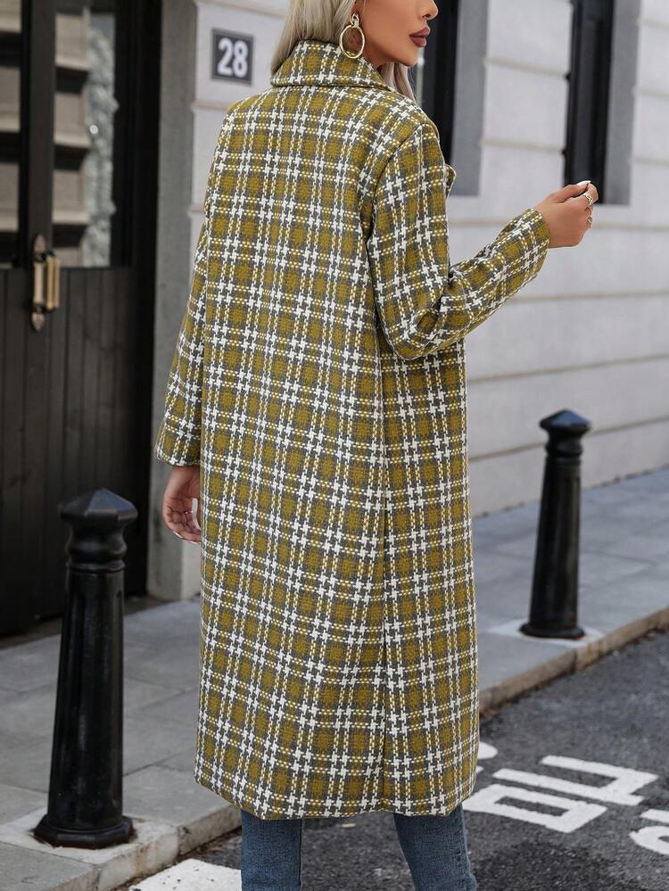Plaid Print Lapel Neck Double Breasted Overcoat