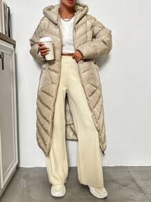 EURMUSE Dual Pocket Drop Shoulder Hooded Puffer Coat - Beige - View 4