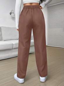 SHEIN EZwear Pantalones zanahoria de talle alto con fruncido - Marrón - Ver 2