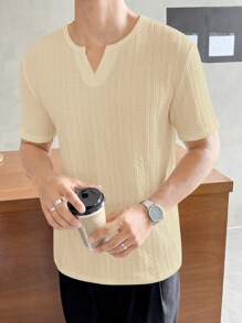 Manfinity VCAY 男士素色缺口領T恤 - 米色 - 查看 5