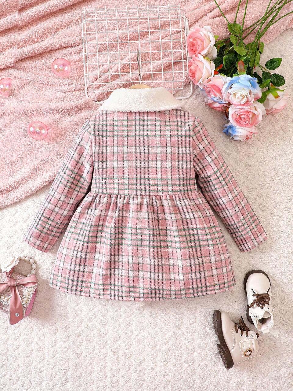 Young Girl Plaid Print Borg Collar Duffle Overcoat Autumn Fall