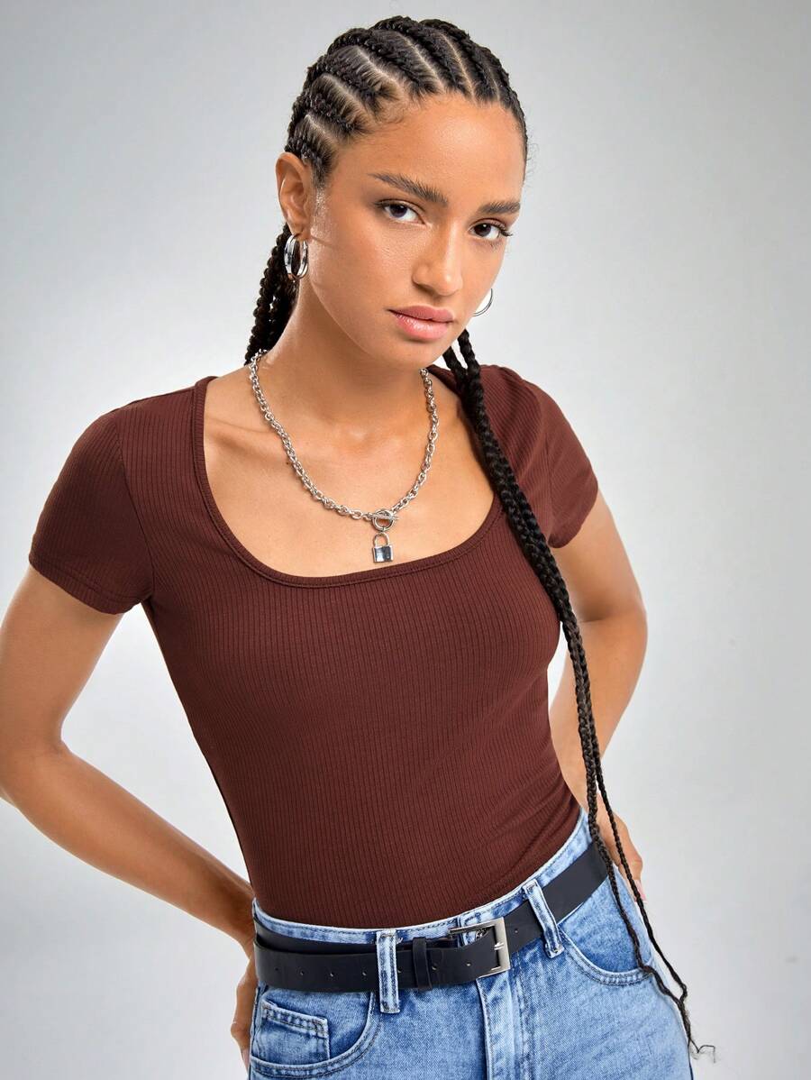SHEIN EZwear Square Neck Rib-knit Form Fitted Tee - Chocolate Brown - View 1