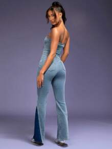 Denimoi Contrast Flare Leg Tube Denim Jumpsuit - Light Grey - View 4