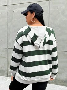 Flirla Plus Size Striped Print Drop Shoulder Drawstring Sweatshirt Pullover Fall Sweatshirt - Dark Green - View 2