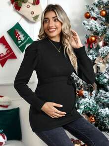 SHEIN Gravid puffärmad tröja med bälte, för vintern - Svart - Visa 3