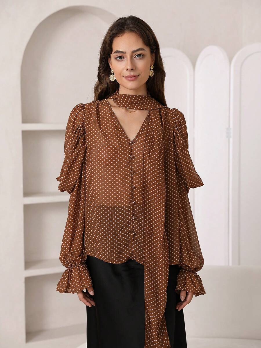 SHEIN Privé 波點圖案鎖脖領口荷葉袖襯衫 - 棕色 - 查看 1