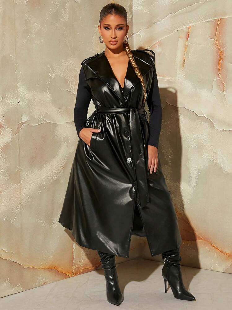 SHEIN SXY Slant Pocket Belted PU Leather Trench Coat | SHEIN USA